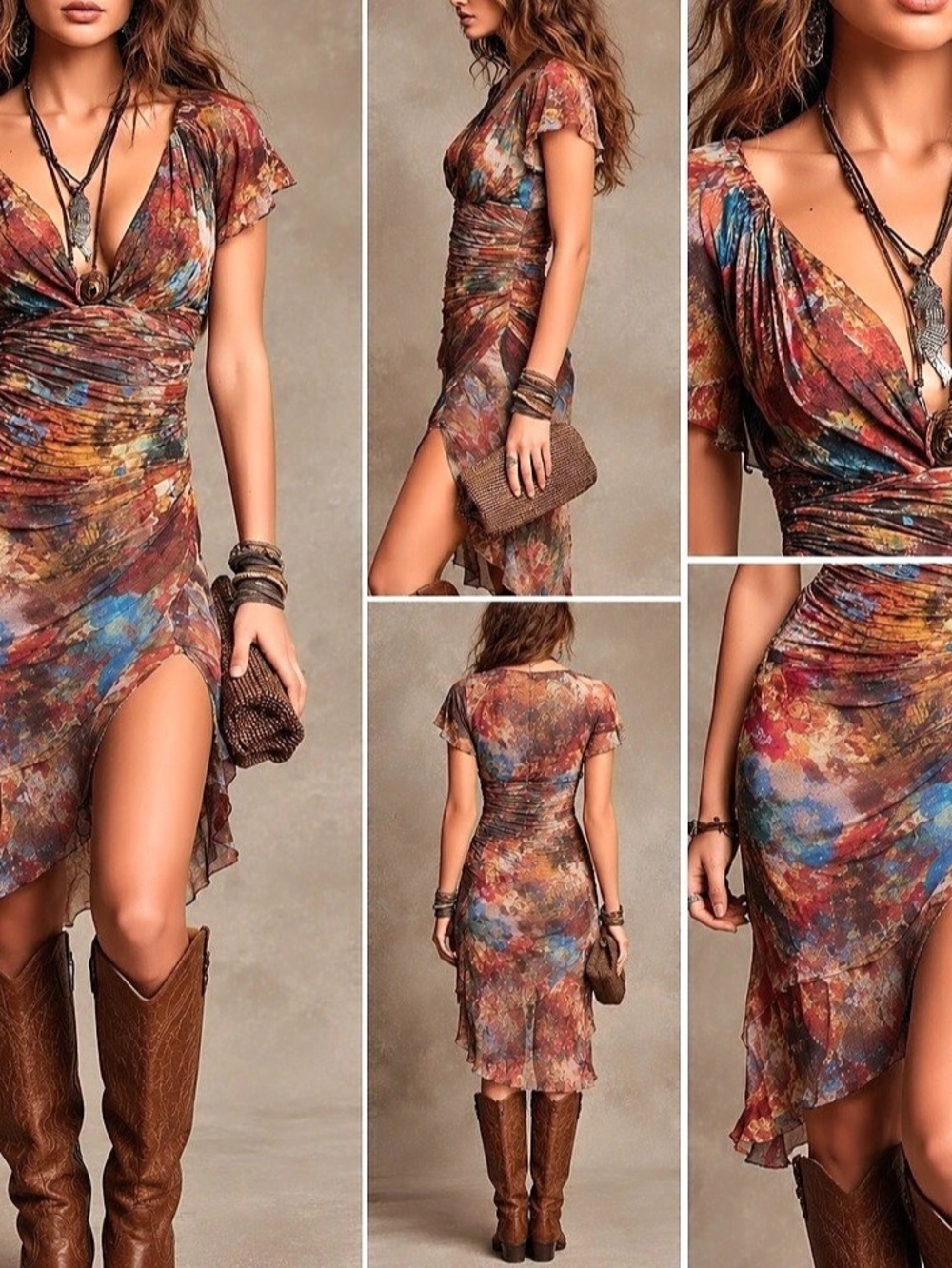 NWOT Martina Abstract Boho Ruched V-Neck Asymmetrical Midi Dress L